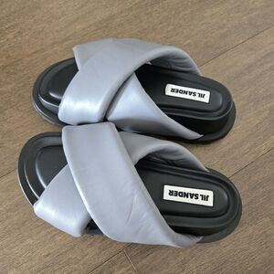 JIL SANDER SANDAL Grey Padded LEATHER CROSS Over STRAP SLIDE SHOES Size 39 New